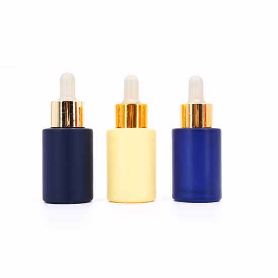 Flat Shoulder Round Bottom Opal White Frosted 30ml 50ml Glass Bottles with Glossy Gold Metal Pumps or Droppers